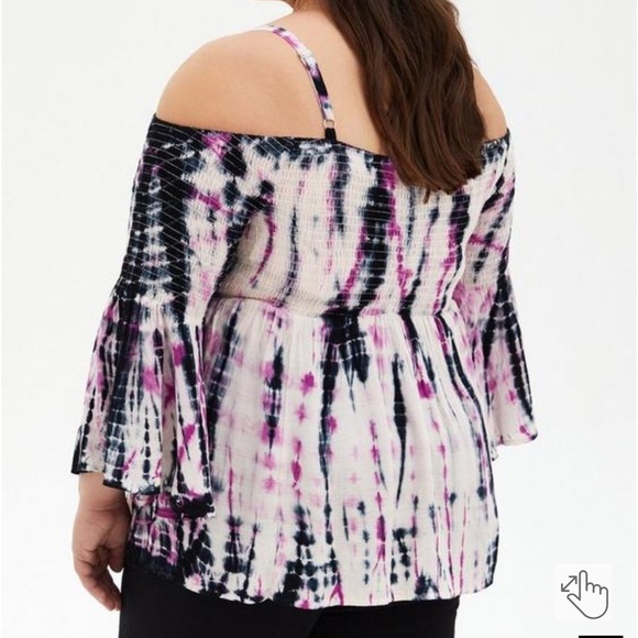 Torrid Tie Dye Babydoll Rayon Smocked Cold Shoulder Flowy Top - Picture 3 of 11